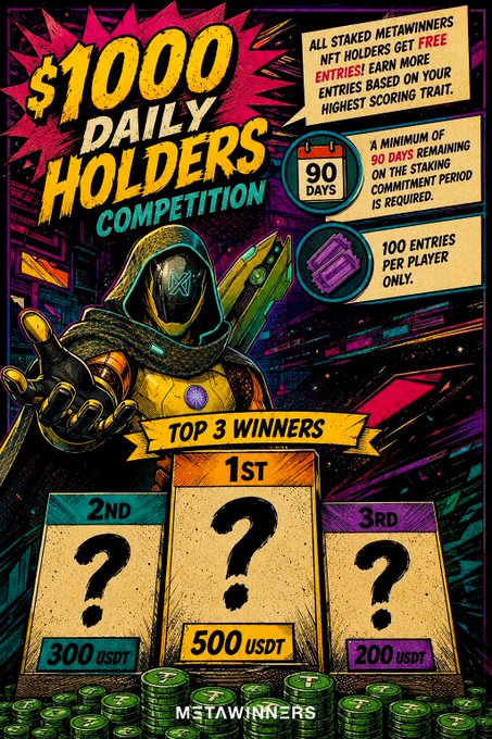 The poster advertises a "$1,000 Daily Holders Competition" for staked MetaWinners NFT holders, featuring a hooded futuristic character and showing prizes of 500 USDT for 1st, 300 USDT for 2nd, and 200 USDT for 3rd place winners, with rules including 90 days staking, 100 entries per player, and free entries based on highest-scoring traits—matching the post's call to action asking "Who's taking it?"
