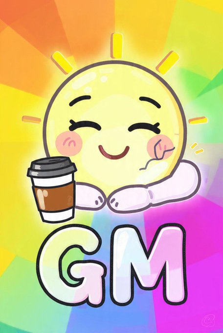 A cartoon sun character holds a coffee cup on a rainbow-colored background with the letters 'GM' (good morning).