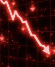 A glowing red downward-trending arrow with downward-pointing triangles overlays a stock chart background, visually representing Bitcoin's sharp decline. The graphic directly illustrates the post's headline about Bitcoin plunging to $76,000 following the rejection of the Clarity Act by Democrats.