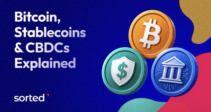 A thumbnail-style graphic with blue background reading 'Bitcoin, Stablecoins & CBDCs Explained' by 'sorted', featuring illustrations of Bitcoin, a dollar coin, and a bank building.