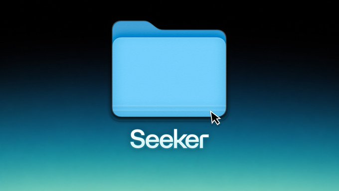 A blue folder icon with a cursor arrow and the text 'Seeker' beneath it on a dark gradient background.