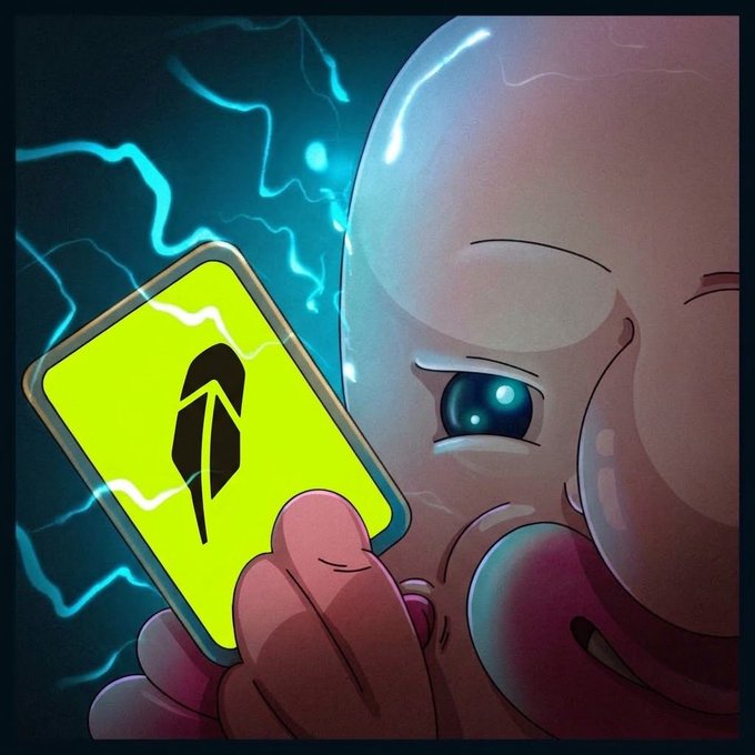A stylized illustration shows a glowing-skinned baby character intensely examining a yellow card featuring a black arrow symbol, surrounded by electric blue energy crackling from the card. The image visually emphasizes urgency, likely referencing the dwindling window to register interest in a crypto presale (the card's arrow symbol suggesting a launch or directional project).