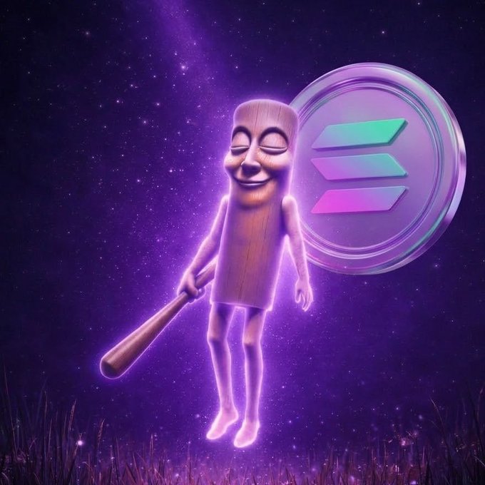 A glowing wooden cricket-bat humanoid mascot with a serene smile floats in a purple cosmic void, holding a wooden bat and standing before a Solana logo coin, visually merging Solana's branding with the "$TripleT" ticker referenced in the post.