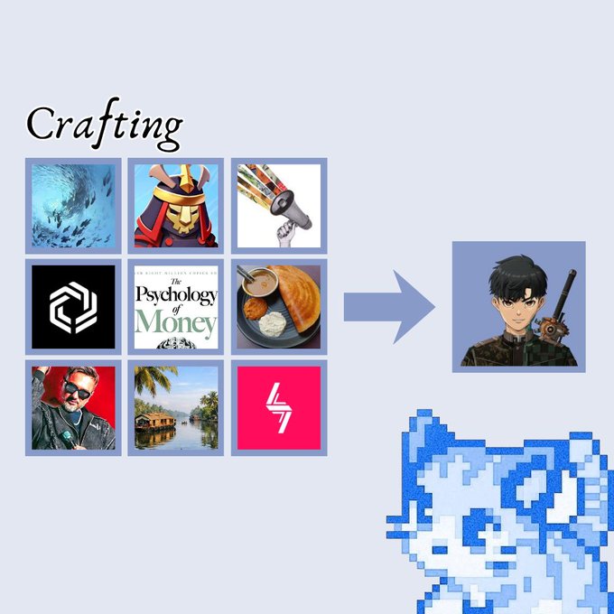 The image features a collage of various images, including a picture of a man with a sword, a picture of a cat, and a picture of a plate of food. The collage also includes several logos related to gaming, such as "Crafting", "Psychology of Money", "Book I am reading: the Psychology of Money", "@Immutable", "#GameIplay", and "@LFG_GTFO". These images are arranged in a grid format with each image occupying its own square. The collage is accompanied by text that provides context or information about the individual images, such as their relevance to the post "Crafting" or their connection to gaming.