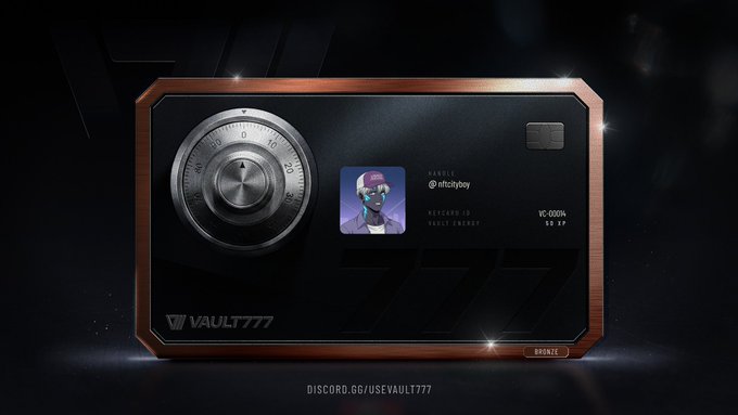 A sleek Vault777 membership card displayed in a wooden frame, featuring a combination dial lock, a user profile with handle "@nfcdjboy," and text reading "BRONZE," "VC-0004," and "50 XP," celebrating a Bronze tier reward unlock.