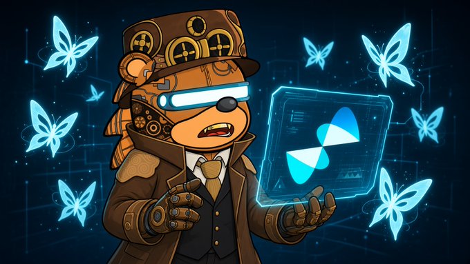 A digital illustration of a steampunk-styled bear wearing a top hat with goggles and a brown coat, holding a glowing blue holographic screen displaying an Avalanche (AVAX) logo surrounded by luminous butterflies.