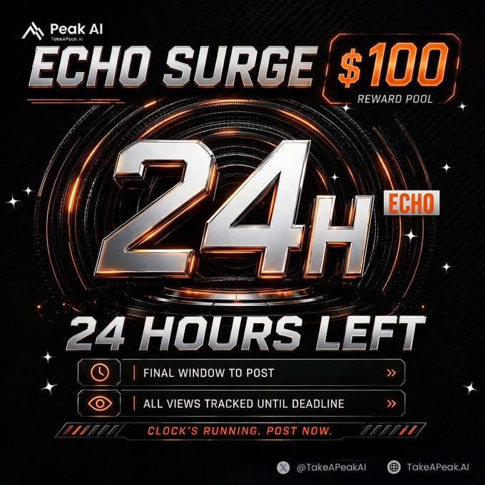 A promotional graphic for "ECHO SURGE" by Peak AI (@TakeAPeakAI) featuring a futuristic, metallic design with bold "24H" and "24 HOURS LEFT" text, highlighting a $100 reward pool, a $ECHO ticker, and a reminder to post before the final 24-hour window closes to earn view-based USDT rewards.
