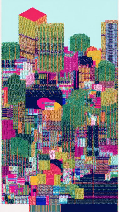 A vibrant, colorful digital illustration depicting an abstract cityscape with pixelated skyscrapers in shades of pink, yellow, green, and blue against a light blue sky.