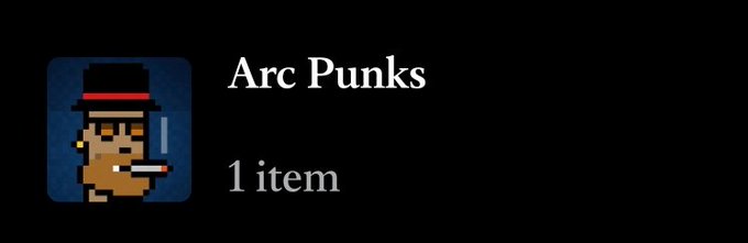 A minimal display showing 'Arc Punks' with '1 item' beneath it, featuring a pixel-art character wearing a black top hat with a red band and holding a cigarette.