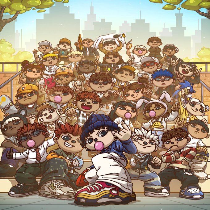 A vibrant cartoon illustration shows a large group of diverse chibi-style characters posed together, with a central figure wearing a blue beanie blowing a pink bubblegum bubble while sitting on oversized sneakers, surrounded by friends in streetwear on bleacher steps. The image relates to the "OG" caption by featuring characters that resemble classic Cartoon Network stars like Codename: Kids Next Door, Courage the Cowardly Dog, Dexter, and others—nostalgic childhood icons that longtime Cartoon Network fans would immediately recognize.