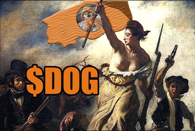A parody of Delacroix's 'Liberty Leading the People' featuring the Shiba Inu dog as 'DOGE' on a flag and '$DOG' in orange text.