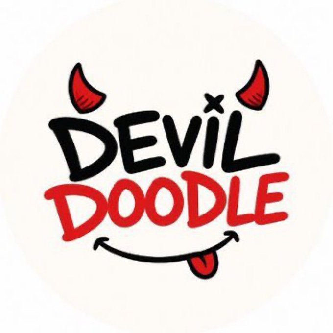 A circular sticker or logo design with 'DEVIL DOODLE' text in black and red, featuring red devil horns and a smile with a tongue sticking out.