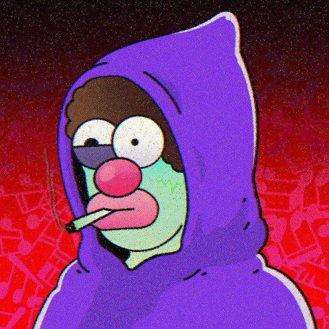 A cartoon illustration shows a stylized figure in a purple hooded sweatshirt with wide eyes, a pink nose, and a cigarette in their mouth against a red patterned background.