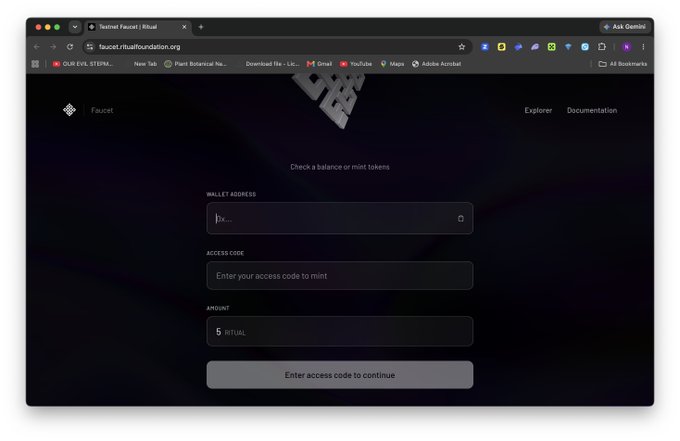 The image shows the Ritual Faucet webpage (faucet.ritualfoundation.org), which displays a form requiring users to input a wallet address, access code, and amount (set at 5 RITUAL) to check a balance or mint tokens. This directly illustrates the accompanying post's instructions about needing a personal access code—obtained via the Ritual Discord server's /get_code command—before the "Enter access code to continue" button can be used to receive the free RITUAL tokens.