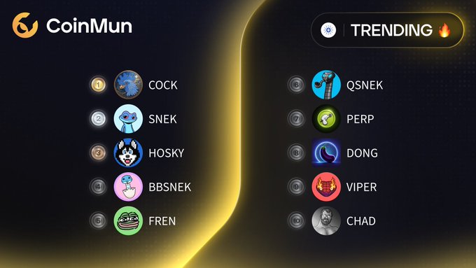 A screenshot from the CoinMun website displaying a "TRENDING" list of meme coins, featuring names like COCK, SNEK, HOSKY, BBSNEK, FREN, QSNEK, PERP, DONG, VIPER, and CHAD alongside animal-themed icons.