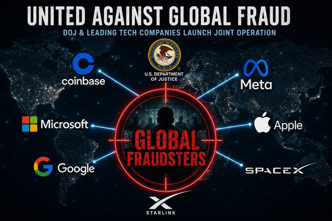 The image shows a poster with various logos associated with global fraud operations, including the Department of Justice ( DOJ ) and leading tech companies like Coinbase, Microsoft, Apple, Google, and SpaceX. The poster also displays text that reads "United Against Global Fraud".