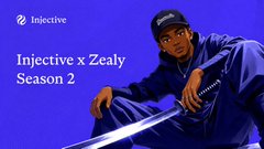 A promotional graphic featuring a person in a blue outfit and black cap against a purple background, with text reading 'Injective x Zealy Season 2'.