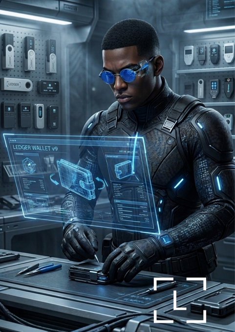 A futuristic technician in tactical gear works at a high-tech station with a holographic interface displaying "LEDGER WALLET v9," visually reinforcing the message that Ledger's hardware wallets provide physically grounded security against AI-driven vulnerabilities. The cyberpunk aesthetic emphasizes the tangible, ironclad nature of hardware-based key protection in an era of exploitable software.