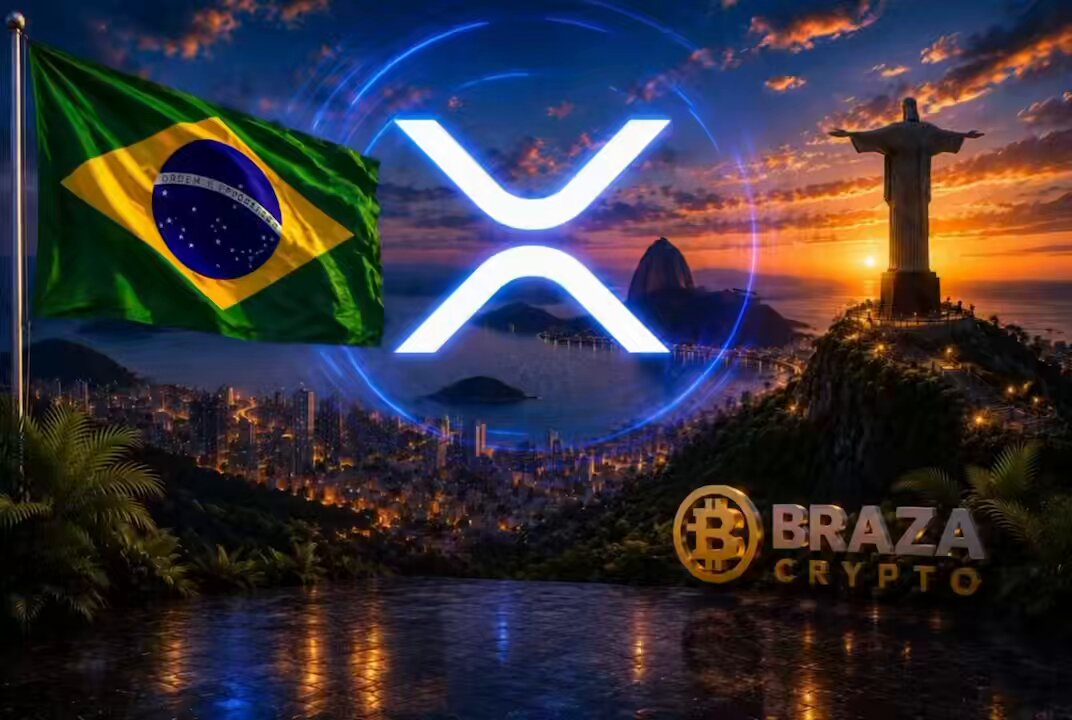 The image presents a logo that is shaped like a cross made of x's, with the word "BRASIL" written below it. Behind this logo, there is a Brazilian flag flying high against a blue sky with clouds at sunset. The backdrop features an illustration depicting a city skyline and a tower.

The primary focus of the image is the x' symbol combined with the words "XRPL" and "BRASIL". This combination suggests that the post is advertising Ripple, a digital tokenization platform that has recently been hit another milestone over $1 billion in tokenized real-world assets. The context of this promotion highlights Brazil as a significant player in the crypto world.