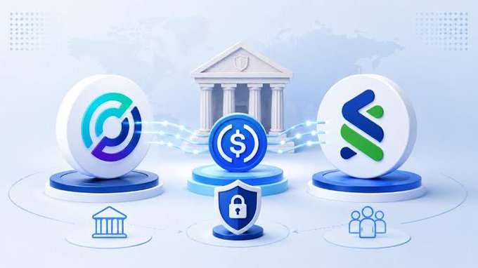 The image features a stylized 3D illustration showing a classical bank building in the background with a dollar coin at its center, flanked by two circular logos—one resembling Circle's branding on the left and a green/blue logo on the right—with a shield and padlock icon below, symbolizing secure financial partnerships between traditional banking and digital currency services, visually representing Standard Chartered's partnership with Circle to enable corporate access to USDC stablecoin issuance and redemption.