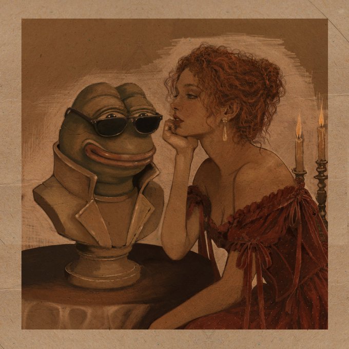 A vintage-style illustration depicts a woman in an elegant red dress gazing thoughtfully next to a smiling bust wearing sunglasses, illuminated by candlelight.