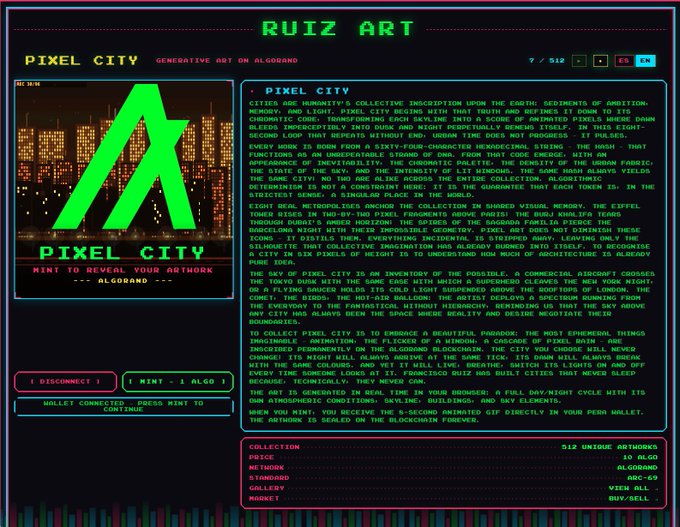 The image features a website called "Ruziz Art" that showcases various pieces of art created by code in an alternate universe, specifically in the game Alorand. The website has a dark blue background with neon green text elements, giving it a futuristic appearance. There is also a small banner at the top of the page displaying the title "Ruziz Art".