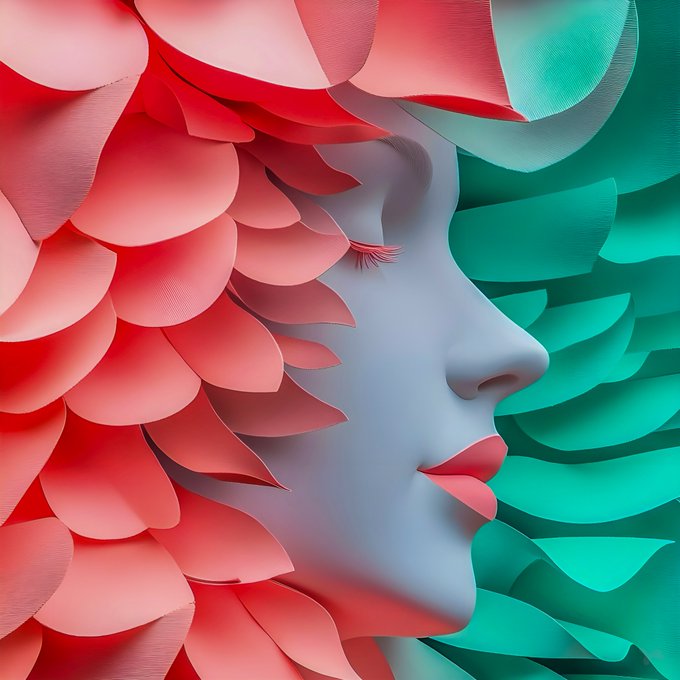 A stylized digital artwork featuring a woman's face in profile surrounded by layered red and green petals, with a distinctive design.