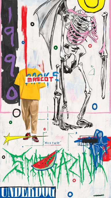 A colorful mixed-media artwork titled 'UNDERPUNK' (1990) featuring a skeletal figure with a pink bandana, a headless figure wearing a yellow '1990 MASCOT' t-shirt, a watermelon slice, and graffiti-style text on a textured background.