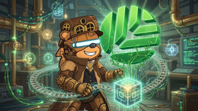 A digital illustration of a steampunk-style robotic monkey with glowing blue visor eyes and brass mechanical details, holding a glowing cube while a bright green segmented logo hovers above it in an industrial setting with pipes and screens.
