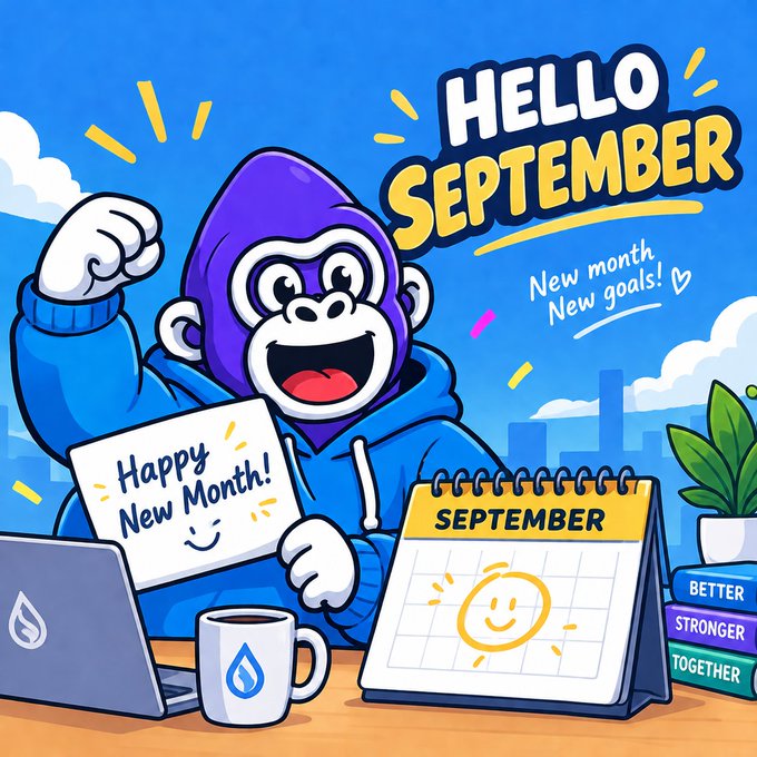 A cartoon gorilla in a blue hoodie sits at a desk holding a 'Happy New Month!' sign, with 'HELLO SEPTEMBER' and 'New month New goals!' written above and a calendar, laptop, and coffee mug nearby.
