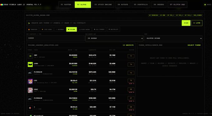 A screenshot of the 'DEAD PIXELS LAB // PORTAL V0.3.7' interface showing stock engine metrics for 'GLITCH_ALPHA_BABAI.EXE', with Bitcoin trading data including prices around $80,000.