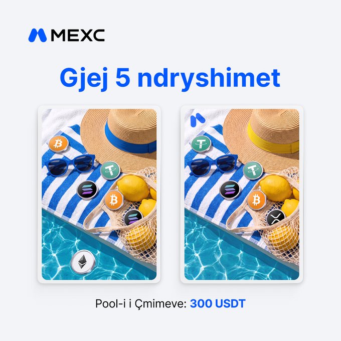 A MEXC promotional image in Albanian reading 'Gjej 5 ndryshimet' (Find 5 differences), showing two similar poolside scenes with cryptocurrency icons, offering a prize pool of 300 USDT.