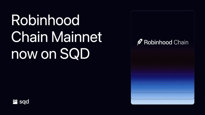 A promotional graphic announcing 'Robinhood Chain Mainnet now on SQD', featuring the Robinhood Chain logo on a dark card with gradient stripes and the sqd logo at the bottom.
