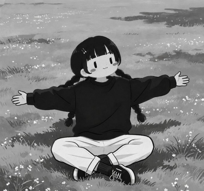 A black-and-white anime-style illustration of a girl with braided pigtails wearing a black sweater, sitting cross-legged in a field of flowers with her arms outstretched.