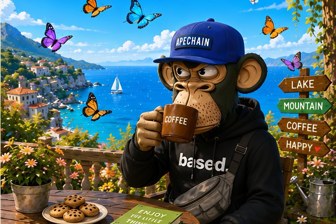 An AI-generated illustration of an ape wearing an "APECHAIN" cap and "based." hoodie drinking coffee, surrounded by butterflies, with a Mediterranean coastal view and signs pointing to "LAKE," "MOUNTAIN," "COFFEE," and "HAPPY."