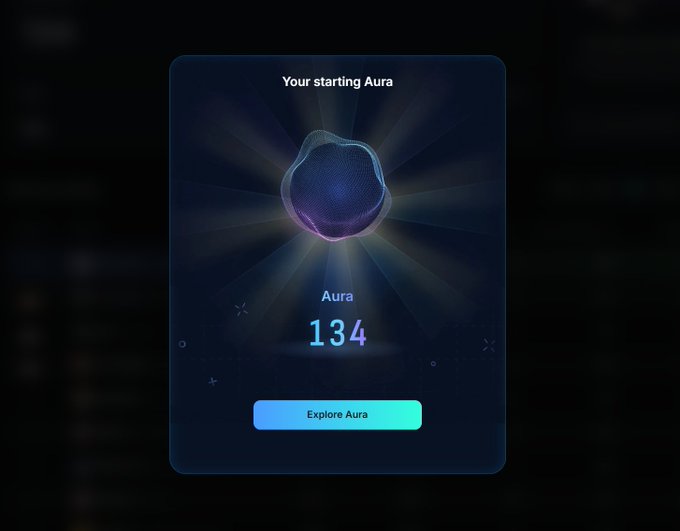 An interface showing 'Your starting Aura' with a value of 134 next to a glowing dark sphere graphic, with an 'Explore Aura' button below.