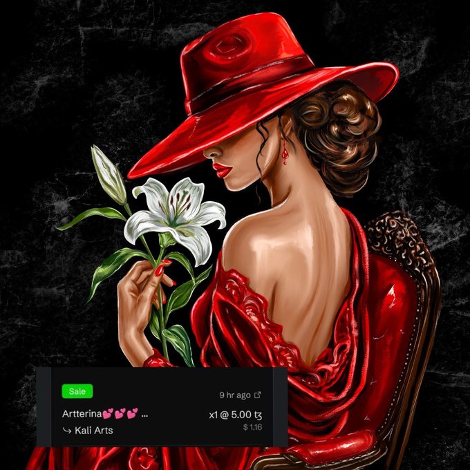 A digital illustration depicts a woman in a red dress and red wide-brimmed hat holding a white lily; an NFT sale overlay reads 'Artterina x1 @ 5.00 tɢ $1.16' by Kali Arts.