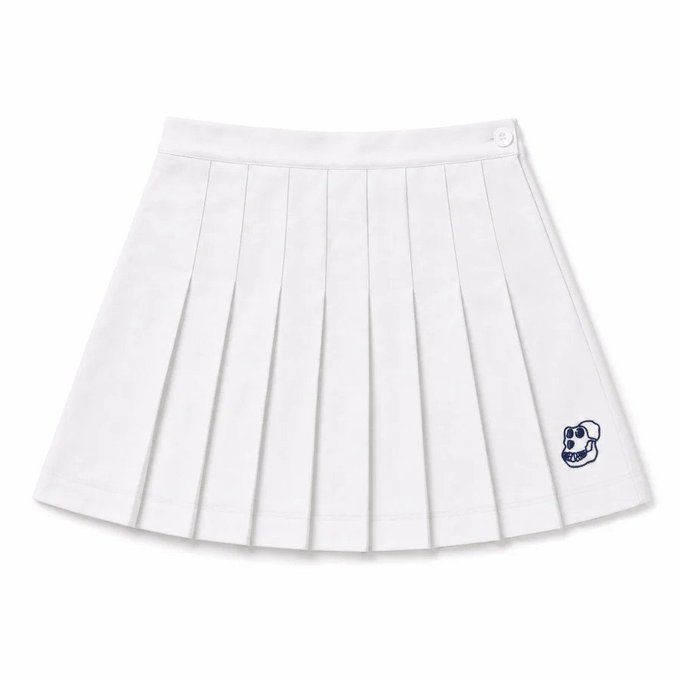 A white pleated "Bored Ape Battle Kilt" with a small navy-blue Bored Ape Yacht Club skull logo embroidered near the bottom right hem. The post references the BAYC community, tying the skirt's branding to the "Hodl the line" rallying cry among NFT holders.