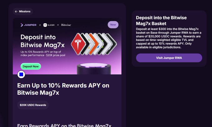 The image shows a Jumper x Glider x Bitwise promotional mission titled "Deposit into Bitwise Mag7x Basket," offering up to 10% Rewards APY on a $20K prize pool for eligible TVL, with a $20,000 USDC reward pool for depositing at least $300 via Jumper RWA. It relates to the post by highlighting the third, non-XP Glider mission for a 20k reward that the author mentioned.