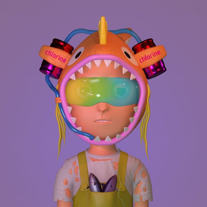 A 3D-rendered character wears a stylized shark helmet with "chlorine" labeled on the side tanks, reminiscent of Fish from Gorillaz, paired with a patchy white shirt and yellow overalls. The playful, surreal design ties into the "share your fish art" prompt by transforming the iconic Fish aesthetic into a quirky, character-driven illustration.