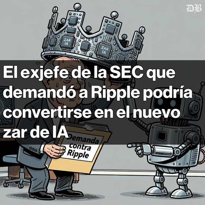 A political cartoon features a caricature of a man in a suit holding a 'Demanda contra Ripple' file, wearing a crown made of computer chips labeled 'ZAR IA', with Spanish text suggesting the ex-SEC chief who sued Ripple could become the 'new czar of AI.'