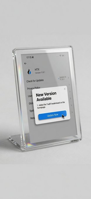 The image shows a clear glass display case with an electronic device, possibly a phone or tablet, placed inside of it. The device has a screen that displays a message about a new version available for download. This message indicates that the device supports updates from the Hidden Liquidity Routes project and is ready to receive the latest version.