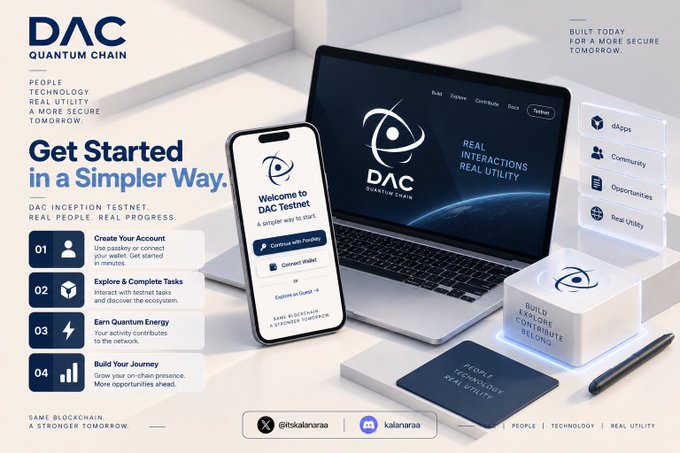 A promotional banner for DAC Quantum Chain testnet, featuring devices displaying the logo and steps like 'Create Your Account,' 'Explore & Complete Tasks,' 'Earn Quantum Energy,' and 'Build Your Journey,' with social handles @tskalanaraa and @kalanaraa.