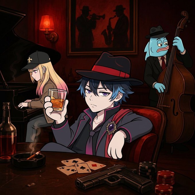 Anime-style illustration of a character in a black hat and coat holding a glass of whiskey at a table with cards and a gun, while a fish-person plays upright bass and a blonde girl plays piano in the background.