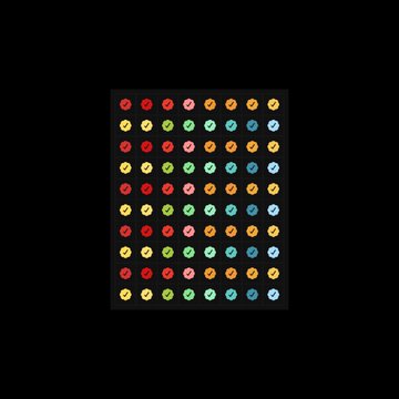 A grid of colorful circular icons in various shades of red, orange, yellow, green, and blue arranged on a black background.