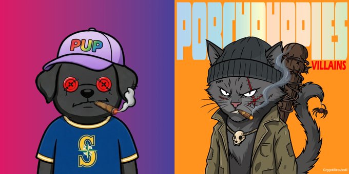 Two cartoon-style NFT collections called 'Pudgy Hoodies' shown side-by-side: 'PUP' featuring a black dog in a Mariners shirt on the left, and 'VILLAINS' featuring a battle-scarred cat smoking a cigar on the right.