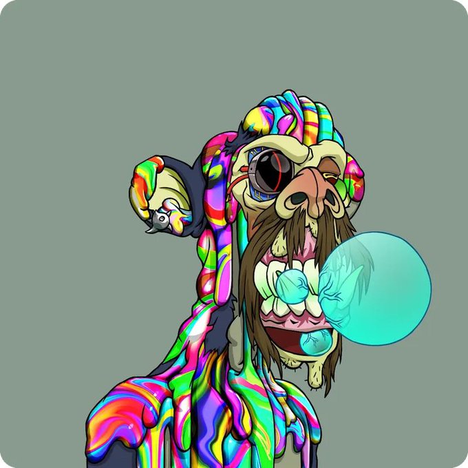 A psychedelic, rainbow-dripping mutant ape character with a brown beard and a small snail companion blows a large teal bubble from its mouth. The vibrant, trippy aesthetic perfectly captures the "aesthetically pleasing mutant" vibe described in the post.