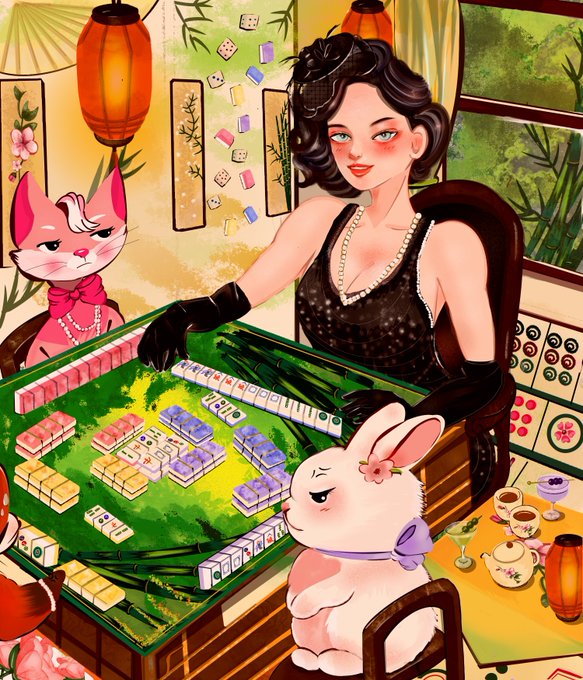 A stylish woman in a black lace dress and long gloves sits at a mahjong table alongside a pink cat and a white bunny, surrounded by bamboo, lanterns, and tea sets—capturing the whimsical "Harmony Game" theme where fantasy characters gather to play. The colorful mahjong tiles, floral details, and cute companions bring the creator's sister-inspired story to life.