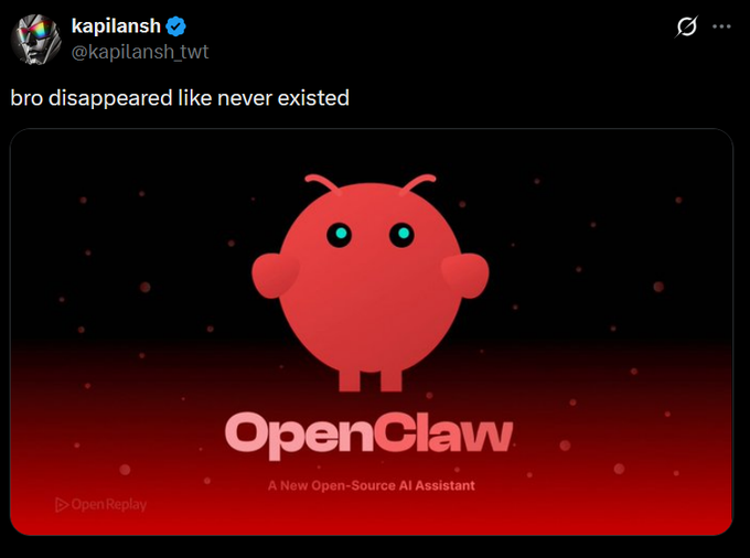 A tweet by @kapilansh_twt reading 'bro disappeared like never existed' above a red character illustration for 'OpenClaw: A New Open-Source AI Assistant'.