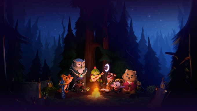 The image features a group of cartoon animals gathered around a campfire, with some sitting by the fire while others are standing nearby. The scene takes place at night under a dark sky, creating an atmosphere of camaraderie among the characters. The animals appear to be enjoying their time together and sharing stories or engaging in other activities around the campfire.